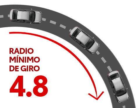 Radio mínimo de giro 4.8
Domina cada giro y realiza mejores curvas, gracias al nuevo radio y ángulo de giro del nuevo Yaris 2023.